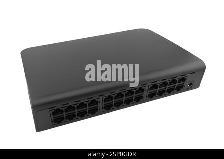 Networking ethernet 24 port switch isolated on white background. Ethernet hub, active hub, network hub, repeater hub, multiport repeater 24 ports with Stock Photo
