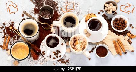 Coffee cup assortment. Modern breakfast concept. Top view, flat lay Stock Photo