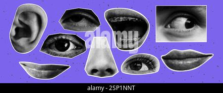 Trendy halftone collage eyes, lips and ear. Paper cutout elements. Retro vector illustration. Stock Vector