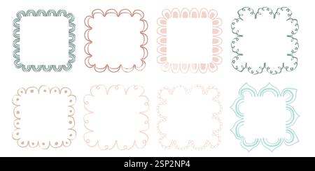 Hand drawn lace scalloped frames. Square, round and rectangle scalloped frames Stock Vector