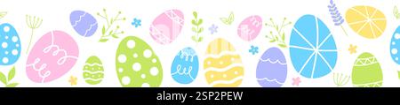 Easter eggs composition hand drawn black on white background. Decorative horizontal stripe from eggs with doodle leaves. Stock Vector