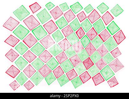 Pattern of red and green rhombuses on a white background. The geometric figures are uneven, drawn by hand. Consist of many lines. Another rhombus is i Stock Photo