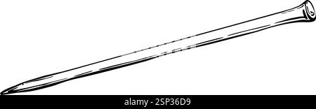 Knitting needle. Black line art vector illustration. Hobby item, steel metal needle. Hand drawing clipart isolated from background for handicraft Stock Vector