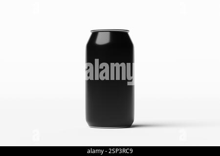 Photorealistic 3d rendering of a sleek, black aluminum can on a minimalist white background, perfect for showcasing beverage branding or packaging des Stock Photo