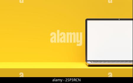 Modern laptop computer displaying a blank screen on a yellow desk against a vibrant yellow wall, perfect for showcasing designs or presentations. 3D r Stock Photo