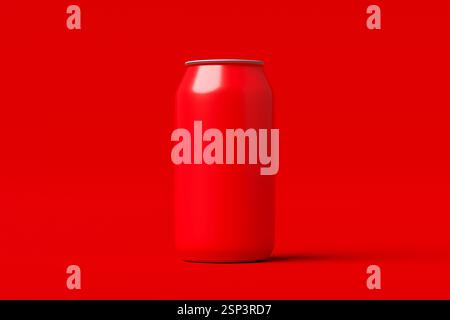 Shiny red aluminum can standing on a seamless red background, representing soda or energy drink packaging. 3D render Stock Photo