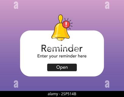 Reminder notifications page with alert bell icon in flat style. Event notice message vector illustration on isolated background. Announcement notice s Stock Vector