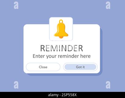 Reminder notifications page with alert bell icon in flat style. Event notice message vector illustration on isolated background. Announcement notice s Stock Vector