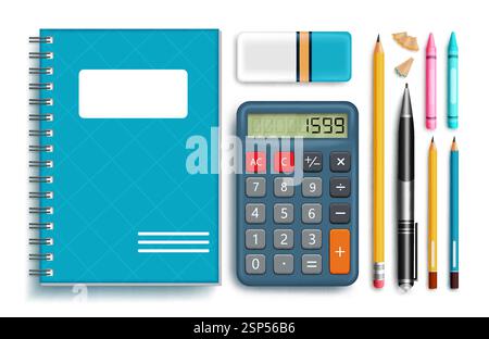 Back to school element vector set. Back to school notebook, calculator, pencil and crayon elements isolated. Vector illustration back to school Stock Vector