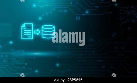 Digital data storage technology document management system on servers network internet, Download and upload database from computer software technology Stock Photo