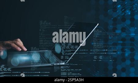 Programmer and cyber security technology, Digital technology, Software development concept. Coding programmer, Programmer use laptop to analyze develo Stock Photo