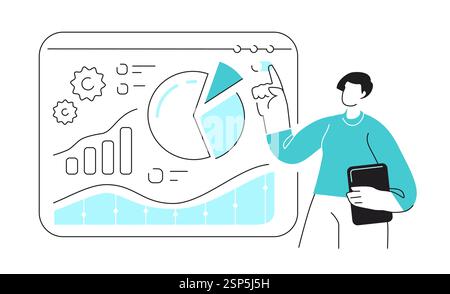 Businesswoman, woman presenting data charts. Business presentation and analysis, review of investment report Stock Vector