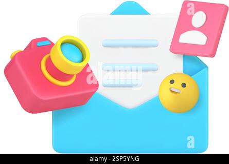 Media data image letter send message content management 3d icon realistic vector illustration. Multimedia database file envelope portfolio presentatio Stock Vector