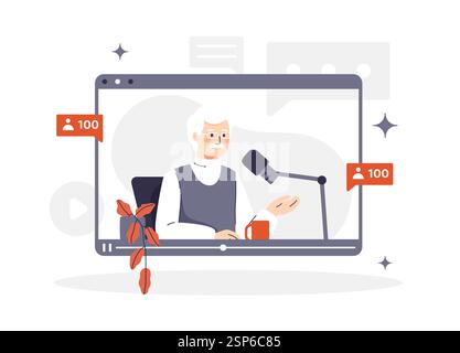 Vector illustration of an elderly man podcaster broadcasting live on a tablet screen. The man speaks into a microphone, interacting with his audience. Stock Vector