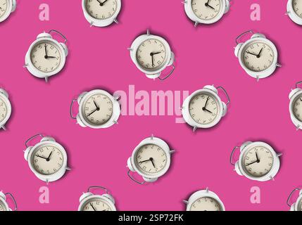 Pattern of white alarm clocks on violet red background Stock Photo