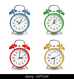Alarm clocks in different colors isolated on white, set Stock Photo