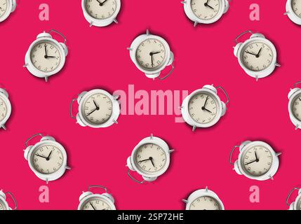 Pattern of white alarm clocks on crimson background Stock Photo