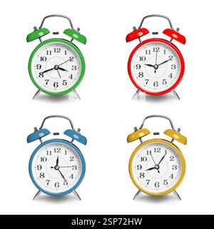 Alarm clocks in different colors isolated on white, set Stock Photo