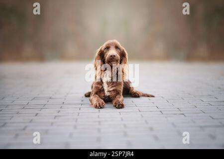 Urban portrait of a working cocker spaniel. Stock Photo