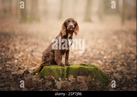 Portrait of a working cocker spaniel standing in the forest. Stock Photo