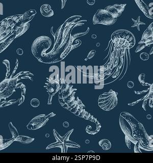 Underwater world clipart with sea animals whale, turtle, octopus, seahorse, starfish, shells, coral and algae. Graphic illustration hand drawn Stock Vector