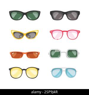 Set of different sunglasses icons. Retro glasses to protect eyes from sun in summer season. Hipster eyewear or lenses of different shapes. Cartoon fla Stock Vector