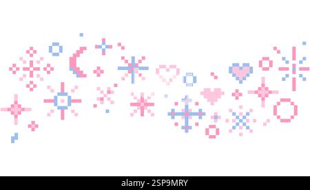 Pixel star sparkle cute retro 8 bit sparkle wave seamless border. Shiny pink game pixel art effect decoration. Firework burst, arrow, space decoration. 90s aesthetics, y2k . Vector illustration Stock Vector