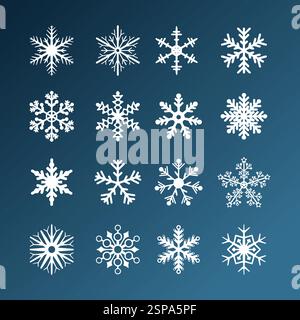 Set of shape white snowflakes on blue background. Vector isolated icons. Winter stars and Christmas decoration Stock Vector