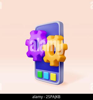 3D smartphone with gears on screen isolated Stock Vector
