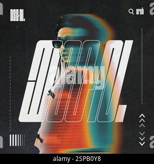 High-contrast futuristic portrait of woman with glitch effects and layered typography. Modern branding with cyberpunk aesthetic. Stock Photo