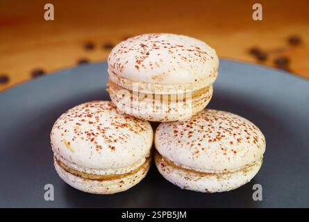 Closeup of Stack of Delectable Tiramisu Macarons on a Black Plate Stock Photo