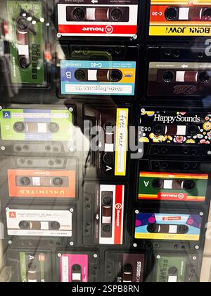 Lviv, Ukraine - February 13, 2025: A nostalgic view of vintage cassette tapes in a decorative arrangement for display Stock Photo