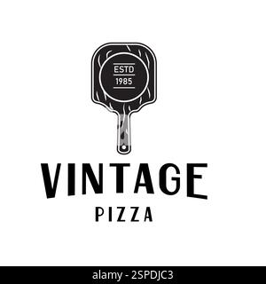 Vintage design logo with the main element being a wooden pizza board that has a natural texture. This logo is perfect for a pizzeria or restaurant. Stock Vector