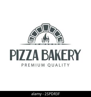 This vector illustration logo design features a silhouette of a pizza oven with a burning fire, creating a warm look, perfect for a restaurant brand, Stock Vector
