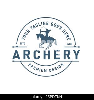 Medieval Warrior Design on Horse with Bow He Aims Arrow During Battle. Logo for War Fight or Archery Emblem Label Stock Vector