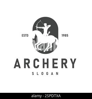 Simple logo vector silhouette of medieval warrior on horse, holding bow and arrow ready to aim. war fight or archery themed logo Stock Vector