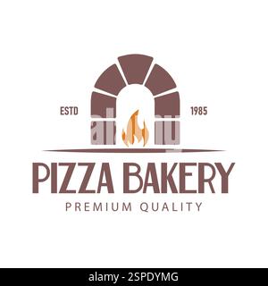 This vector illustration logo design features a silhouette of a pizza oven with a burning fire, creating a warm look, perfect for a restaurant brand, Stock Vector
