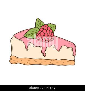 Appetizing cheesecake with pink glaze and sweet raspberry on top. Vector illustration in cartoon style on white background. Tasty, cute dessert and sw Stock Vector