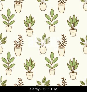 Seamless pattern with indoor plants in flowerpots, cozy home, green recreation area, relaxation, remote work, comfortable conditions. Vector illustrat Stock Vector