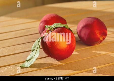 Ripe fresh nectarines on the table in the sun Stock Photo