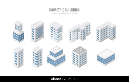 Isometric commercial and residential building. Modern architecture. Smart isometric building game assets. Business center building 3d render Stock Vector