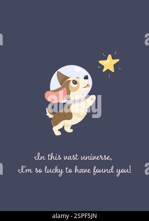 Space funny postcard, dog playing with star. Vector simple illustration Stock Vector