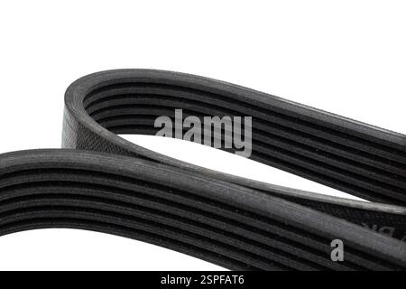 V-belt of the generator is isolated on a white background. Car engine tensioner belt isolated. Car timing belt. Spare parts Stock Photo