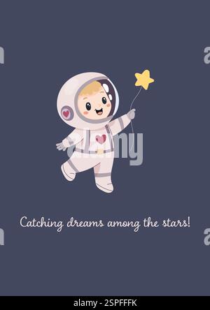 Space funny postcard, astronaut holding a star on a string like a balloon. Vector simple illustration Stock Vector