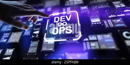 DevOps Development and Operations Integration for Efficient Delivery, projection on a virtual screen, Business and Technology Concept. Stock Photo