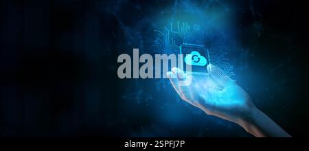 Cloud Concept: Enabling Scalable Solutions for Data Storage Illustrated on a Processor Touched by a Human Hand. Stock Photo