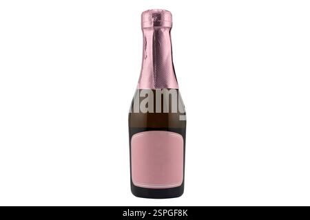 Closeup full bottle of rose champagne with blank tag isolated on white background.  Prosecco bottle with blank label isolated Stock Photo