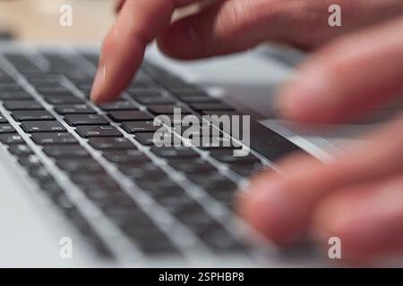 Close Up Senior Woman Old Hands Using Laptop Stock Photo