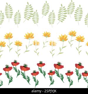 Chamomile, rudbeckia, clover, leaves, poppies, lilies of the valley, berries, tulips, assembled horizontal border seamless pattern Floral seamless bor Stock Vector
