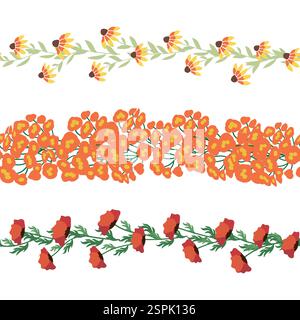 Chamomile, rudbeckia, clover, leaves, poppies, lilies of the valley, berries, tulips, assembled horizontal border seamless pattern Floral seamless bor Stock Vector